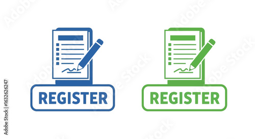 Blue and green register icons with pencil and document
