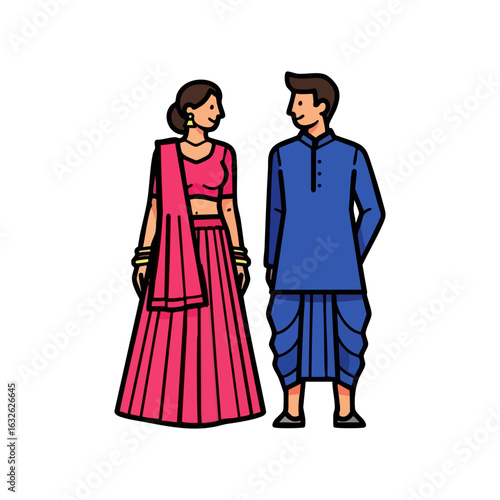 South Indian Half Saree Veshti Kurta Couple Vector - Traditional Ceremonial Attire Logo