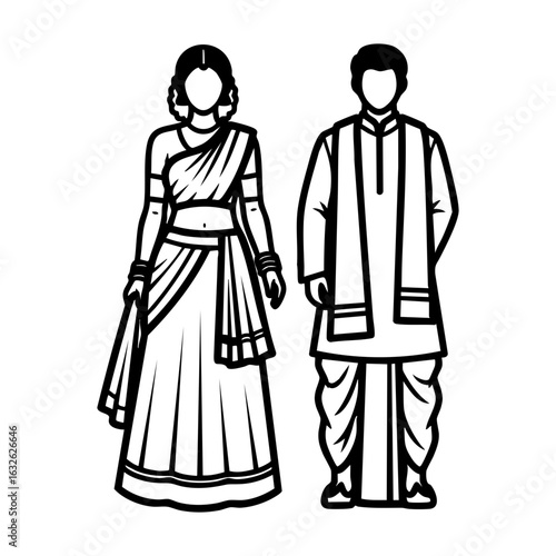 South Indian Half Saree Veshti Kurta Couple Vector - Traditional Ceremonial Attire outline