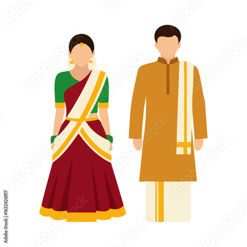 South Indian Half Saree Veshti Kurta Couple Vector - Traditional Ceremonial Attire Logo