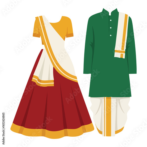 South Indian Half Saree Veshti Kurta Couple Vector - Traditional Ceremonial Attire Logo