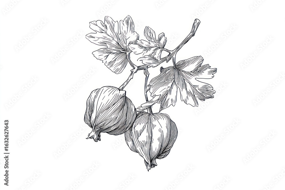 Obraz premium Detailed black and white illustration of gooseberries and leaves