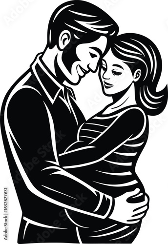 Loving couple embracing with pregnant belly silhouette vector illustration eps 