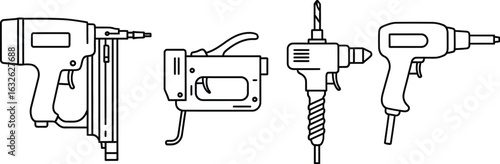 Vector art of set of pneumatic tools, including nailer, stapler, and air gun for professional construction, repair, and renovation projects and building installations