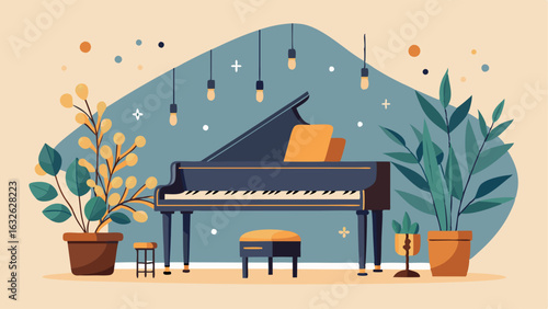 An old piano sits in the corner decorated with string lights candles and plants creating a whimsical focal point in the room.