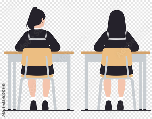 Two Japanese schoolgirls in traditional black sailor style school uniforms (seifuku), sits at their wooden desks, viewed from behind. Simple flat vector illustration isolated on transparent background