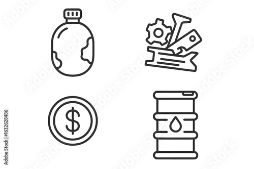 Scavenger economy icon set. Linear symbols for survival in a post-apocalyptic world. Resources like water, fuel, scrap metal, tools, and money for a dystopian game UI.