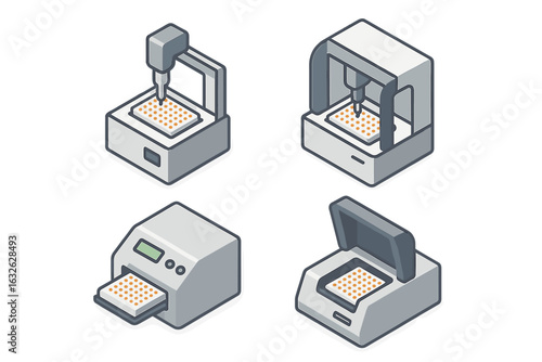 Laboratory automation isometric icon set. Scientific research and biotech equipment. Robotic liquid handler, microplate reader for medical analysis and experiments. Vector.