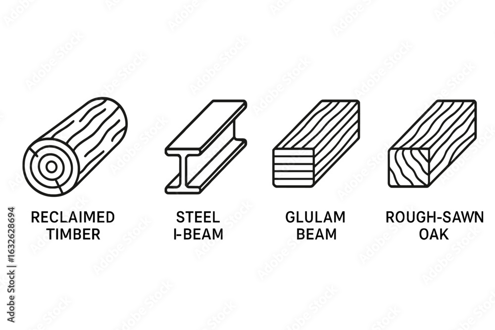 Obraz premium Building material outline icons set. Vector collection of construction beams: reclaimed timber, steel I-beam, glulam beam, rough-sawn oak. Architecture engineering elements.