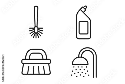Bathroom cleaning icons set. Outline vector collection of household cleaning supplies. Toilet brush, cleaner, scrub brush, shower. Linear hygiene symbols for sanitary.