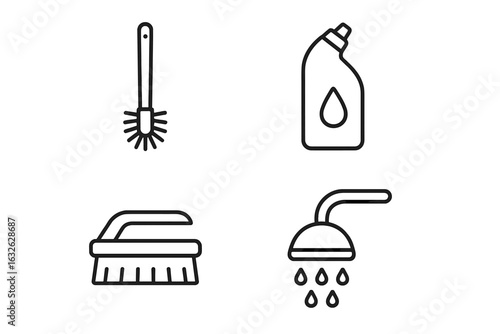 Bathroom cleaning icons. Outline vector icon set of bathroom cleaning supplies. Toilet brush, detergent bottle, scrub brush, shower head. Hygiene, sanitation symbols pack.