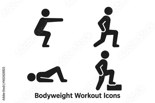 Bodyweight workout icons. Lower body exercise pictogram set with squat, lunge, glute bridge, step-up. Fitness training symbols for home workout. Vector solid glyph.