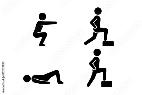 Bodyweight workout icon set for lower body exercises. Vector pictograms of squat, lunge, glute bridge, and step-up. Fitness training symbols for gym or home workout plan.