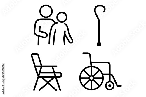 Caregiver icon set with outline symbols for elderly care and disability. Vector graphics of a nurse, walking cane, wheelchair, and commode chair for healthcare assistance.