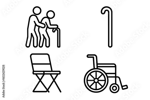 Caregiver icon set. Elderly care assistance. Senior person with disability support. Outline icons of nurse, walking cane, wheelchair, folding chair. Nursing home care.