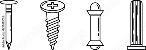 Vector art of set of different types of fasteners nails, screws, furniture hardware, and other fixing elements in a simple outline style
