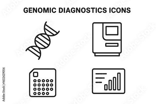 Genomic diagnostics outline icon set. Gene sequencing, DNA analysis, and genetic research concepts. Medical laboratory technology for biology science. Vector icons.