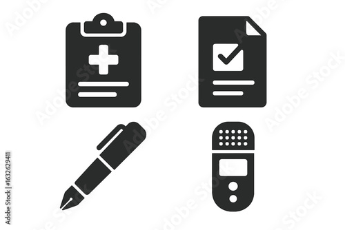 Medical communication solid icon set. Patient chart, records, health information and informed consent form. Doctor dictation, voice recorder, pen signature vector signs.
