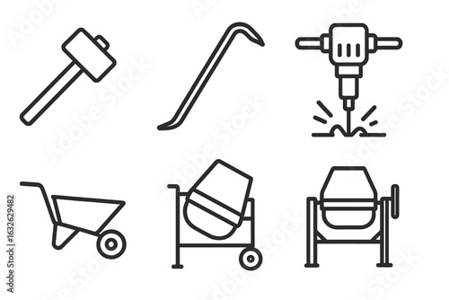 Construction and demolition tools icon set. Line art symbols for building and renovation. Sledgehammer, crowbar, jackhammer, wheelbarrow, and concrete mixer vector signs.