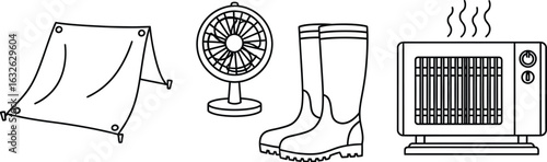 Vector icon sheet essential emergency preparedness kit featuring a tent, fan, boot, and heater, , providing shelter, cooling, footwear, and warmth for disaster relief
