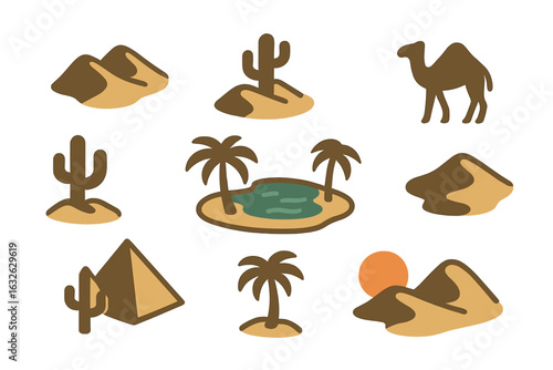 Desert and oasis icon set. Sahara travel graphics collection with camel, Egypt pyramid, cactus, and palm tree symbols. Vector nature elements for hot landscape.
