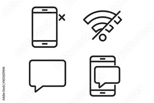 Digital disconnection line icon set. No signal, bad connection concepts. Smartphone with no service, broken wifi symbol, blank chat bubble. Vector outline icons for detox.