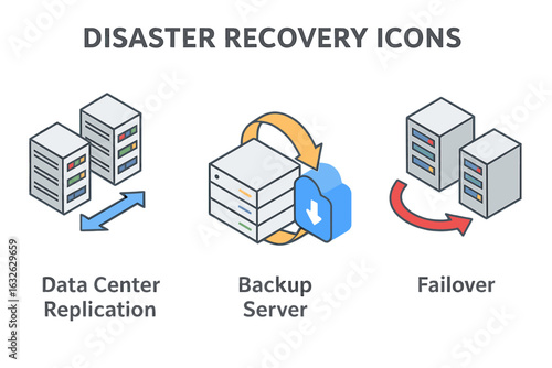 Disaster recovery plan isometric icon set. Data center replication, cloud backup server, and system failover concept. IT business continuity and data protection technology.