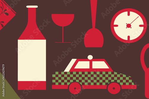Festive collection of stylized objects with red and green accents set of stylized icons