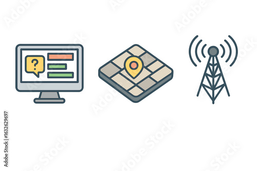 Dispatch center icon set for logistics and support. Vector illustrations of computer screen, GPS map navigation, and radio tower for communication and fleet management.