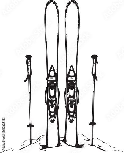 A hand-drawn sketch of a pair of skis and ski poles stuck upright in the snow.

