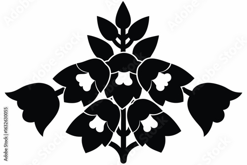 Ornate black floral motif showcases symmetrical leaf and bellflower arrangement on a white background