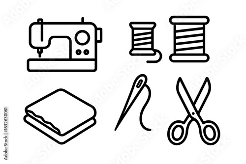 Sewing and needlework line icon set. Vector symbols for tailor shop, dressmaking, and crafts. Includes sewing machine, thread spool, needle, scissors, and fabric.