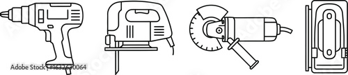 Vector art of set of drill, jigsaw, grinder and sander power tool equipment outline thin line icons for construction work