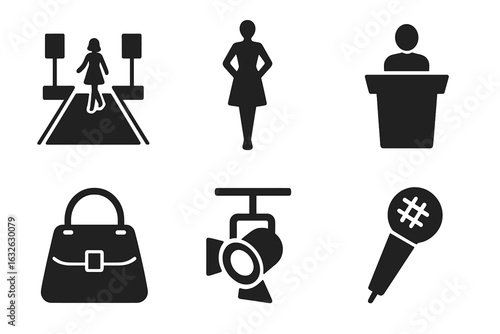 Fashion show solid icon set. Vector glyph collection of catwalk model, runway, speaker podium, handbag, spotlight, microphone. For fashion week & event design concepts.