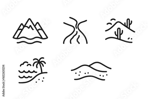 Geographic icon set. Outline symbols of various landscapes. Mountain range, river delta, desert cactus, coastal beach, and hills. Vector nature & travel elements.