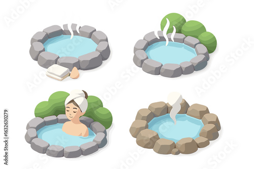 Geothermal hot springs vector icon set. Isometric 3D spa symbols with woman relaxing in Japanese onsen. Natural wellness, hydrotherapy, and vacation illustrations.