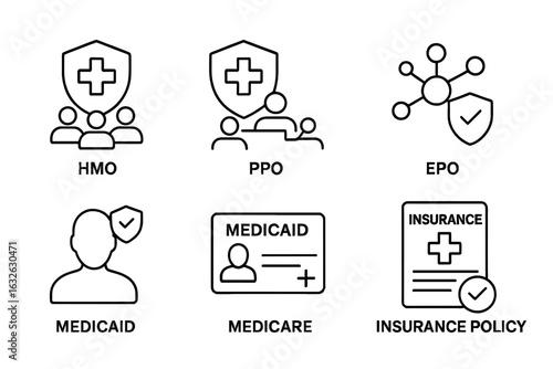 Health insurance vector icon set. Outline symbols for US healthcare plans HMO, PPO, EPO. Includes government programs Medicaid and Medicare. Medical policy line icons.