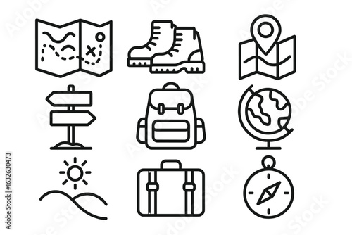 Adventure and Travel Icon Set with Backpack, Map, Hiking Boots, Compass, Suitcase, Globe, Nature Signpost, Sun, and Navigation Symbols. Vector Line Art for Outdoor Exploration, Trip Planning.