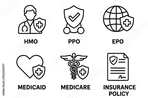 Health insurance types icon set. Outline vector symbols for medical plans like HMO, PPO, EPO, Medicaid, and Medicare. Healthcare coverage and policy concepts illustration.
