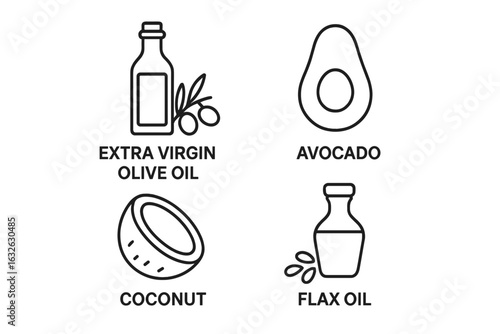 Healthy oils outline icon set. Vector line art icons of extra virgin olive oil, avocado, coconut, flaxseed. Concept for healthy fats, nutrition, keto diet, cooking.