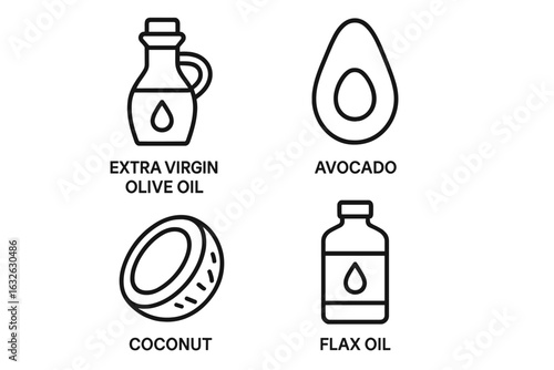 Healthy oils and fats outline icon set. Extra virgin olive oil, avocado, coconut, flax oil symbols. Vector food icons for nutrition, diet, and healthy eating concept.