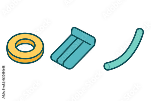 Inflatable pool accessories icon set. Isometric flat vector illustration of a pool float ring, inflatable mattress, and pool noodle. Summer vacation water fun toys concept.