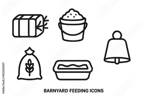 Barnyard Animal Feeding Outline Icons Set. Hay Bale, Feed Bucket, Grain Sack, Water Trough, Cowbell. Farm Livestock Nutrition, Rural Agriculture Tools. Vector Line Illustration Isolated