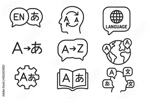 Translation and language learning icon set. Outline icons for bilingual communication, multilingualism, dictionary, localization, global business and international linguistics.