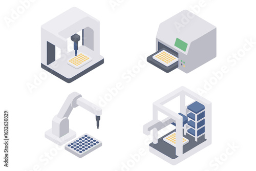 Laboratory automation isometric icon set. Science research technology with robotic arm, liquid handler, microplate reader. Biotech analysis vector illustration collection.