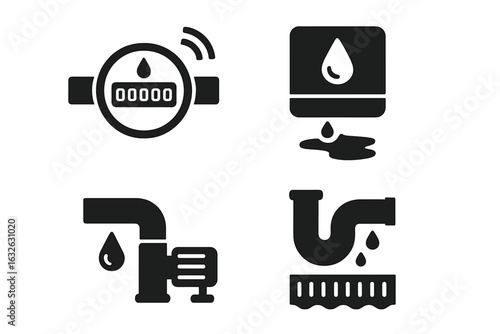 Smart Water Management and Leak Detection Icons Set. Digital Water Meter, Pipe Leak, Plumbing Repair, Dripping Faucet, Drainage System. Utility Conservation, Fluid Flow Control, Modern Infrastructure.
