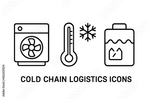 Cold chain logistics outline icons set. Refrigeration unit, temperature control gauge, freezer snowflake, cooling ice pack. Vector illustration. Frozen transport, shipment storage symbols.