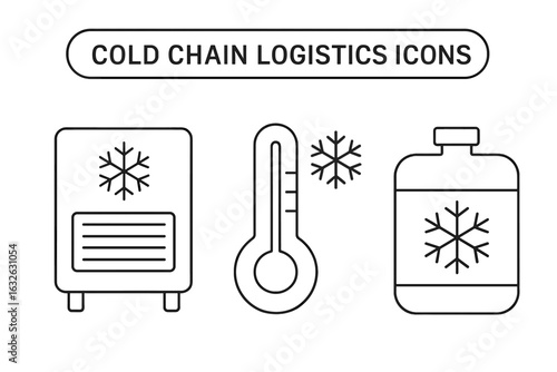 Cold Chain Logistics Icons Vector Set. Outline Fridge, Freezer, Temperature Thermometer, Snowflake Symbol, Ice Pack for Vaccine and Food Transport, Temperature Control, Refrigeration, Supply Chain
