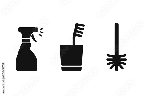 Black silhouette icons set of cleaning and hygiene supplies. Spray bottle sprayer, toothbrush in holder, toilet brush. Bathroom cleaning equipment symbols. Simple monochrome vector illustration.