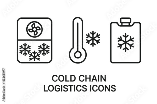 Cold Chain Logistics Vector Icons Set. Outline Symbols for Refrigeration Unit, Temperature Control, Frozen Storage, Freezer Thermometer, Ice Pack, Chilled Cargo, Temperature Sensitive Shipments.